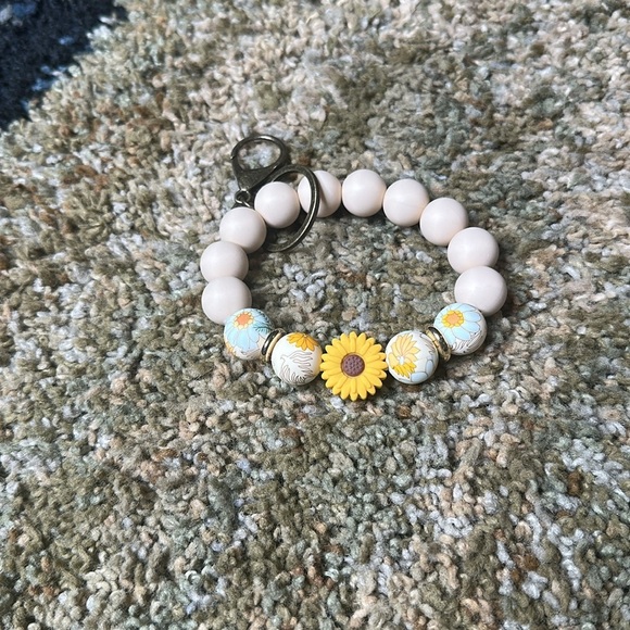 Sunflower Teal, Yellow & Cream Keychain Bracelet Wristlet Silicone Beaded Brassy - Picture 2 of 5